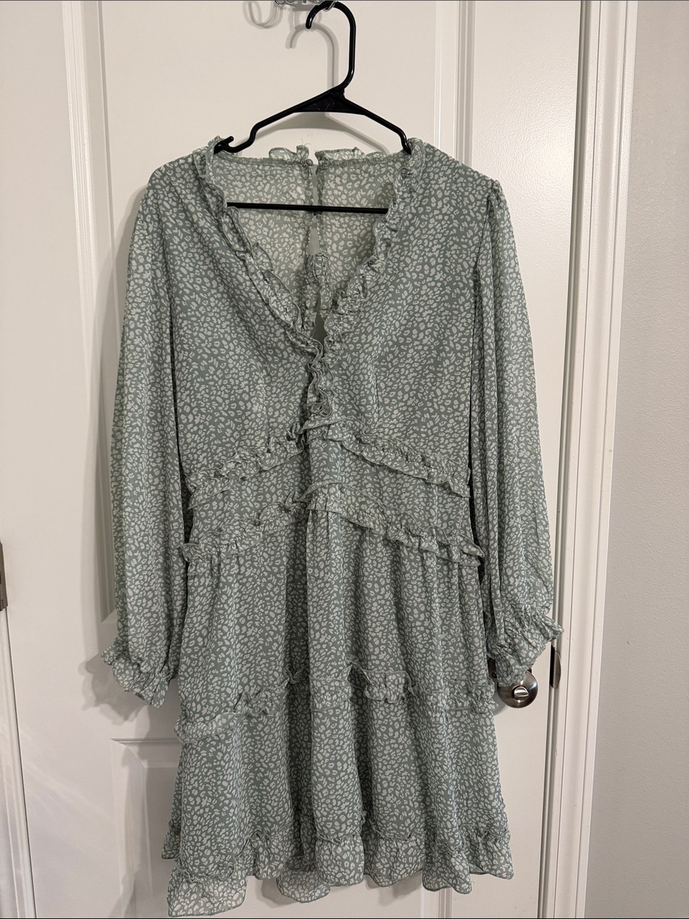 Sage Green Ruffle Tiered Long-Sleeve Dress with open back